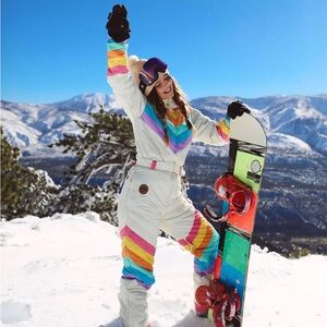 White and Pink Insulated Ski Jacket with Hood